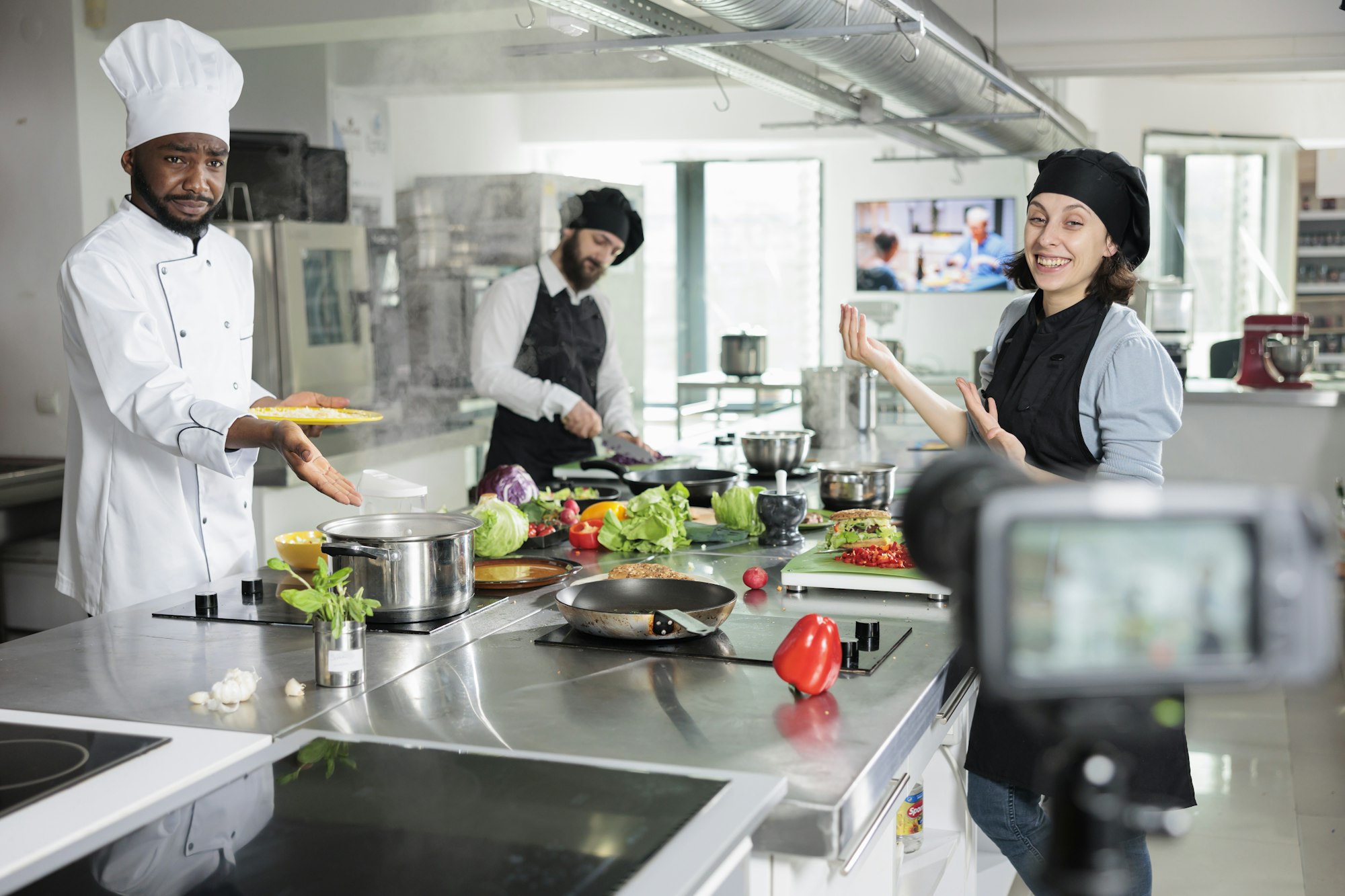 Food industry workers shooting video for television cooking show while creating fine dining gourmet